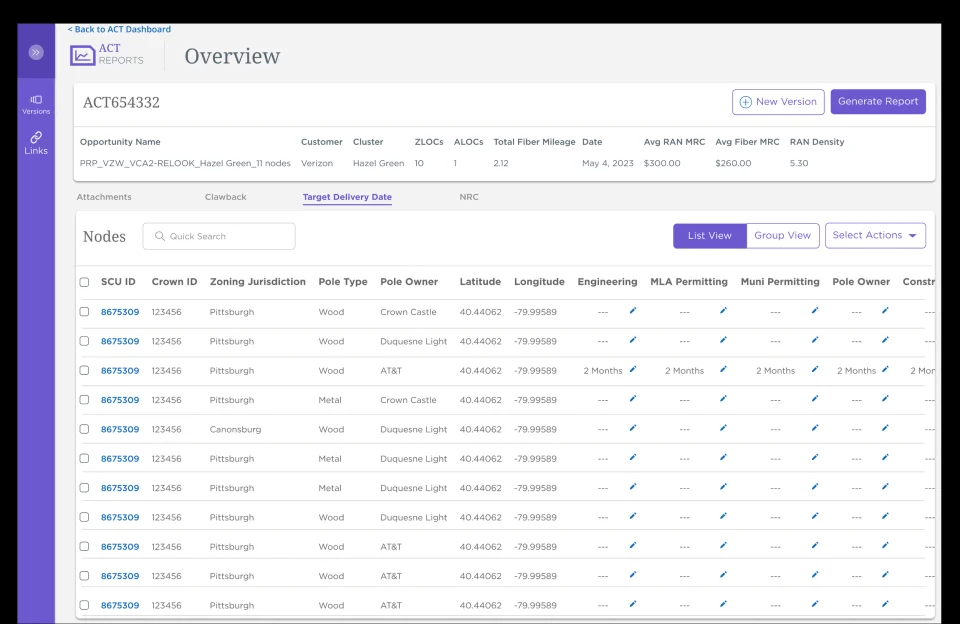 Crown Castle web application wireframe