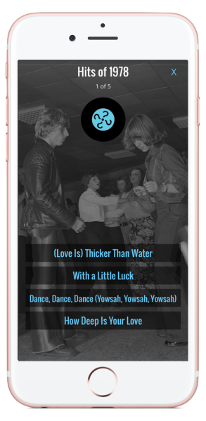 Record Clerk Hits of 1978 music trivia on an iPhone