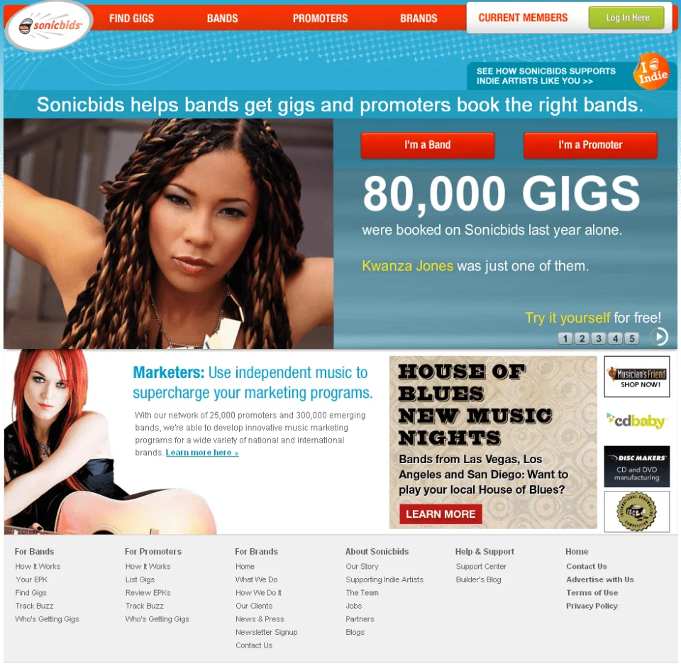Sonicbids website highlighting 80,000 gigs booked
